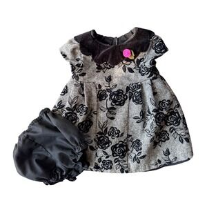 Laura Ashley London Baby Girls 12M Gray‎ Black Rose Dress Bloomers Set Xmas !